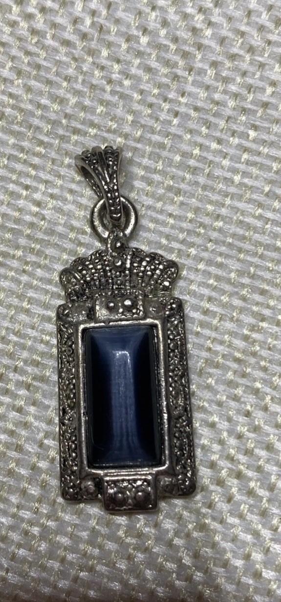Sapphire Pendant Silver Colored Vtg. Style 1 5/8 In. It Has A Crown Topper