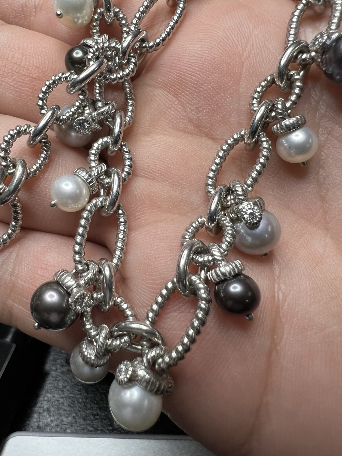 Designer Signed Judith Ripka Sterling Silver Pearl Toggle Necklace 18-20”