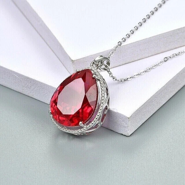 2 Ct Pear Cut Lab-Created Red Ruby Women’s Wedding Pendant 14K White Gold Plated