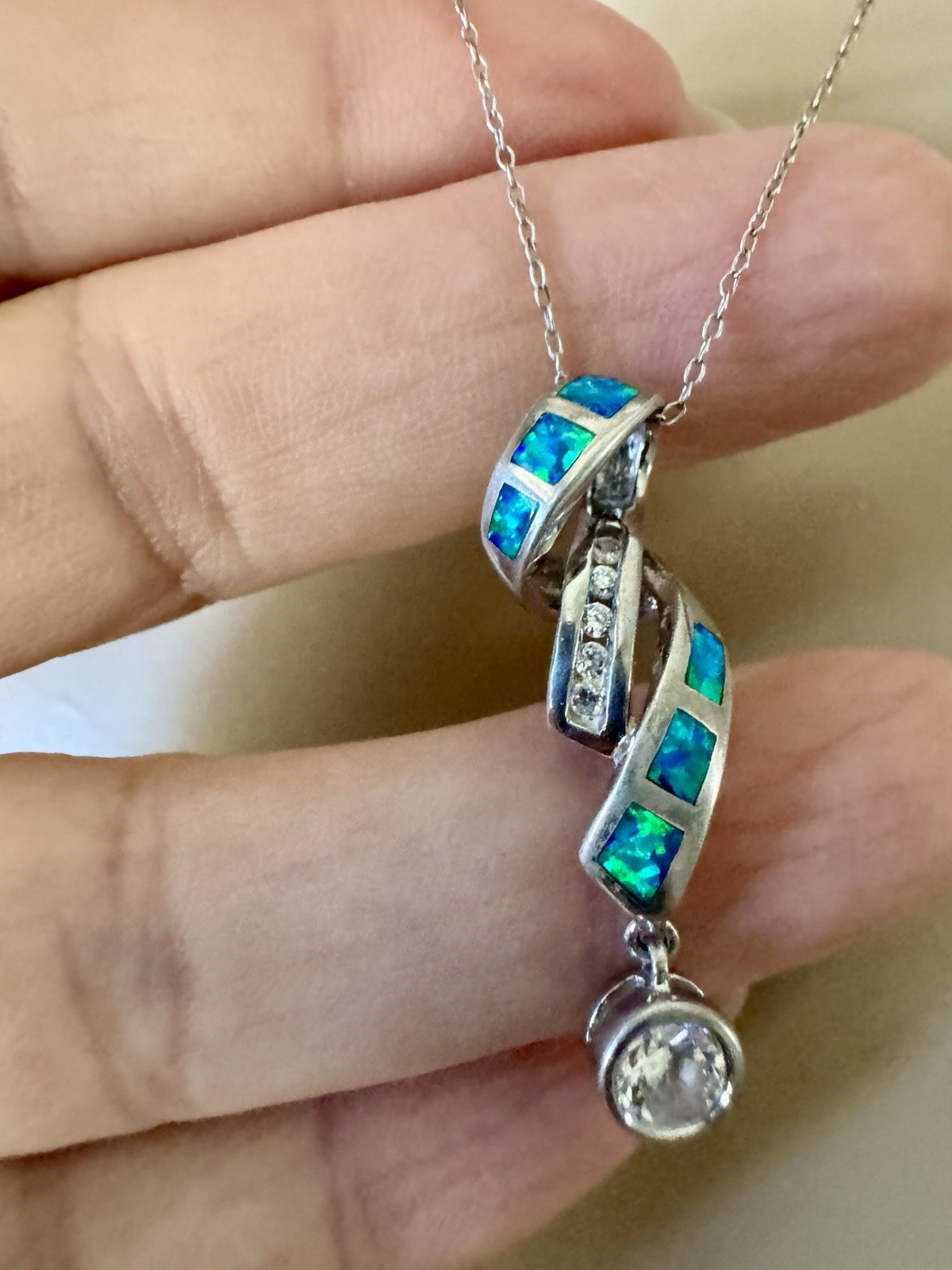 Sterling Silver 925 30mm Twisted Pendant necklace Lab Opals And Clear Stones 18”