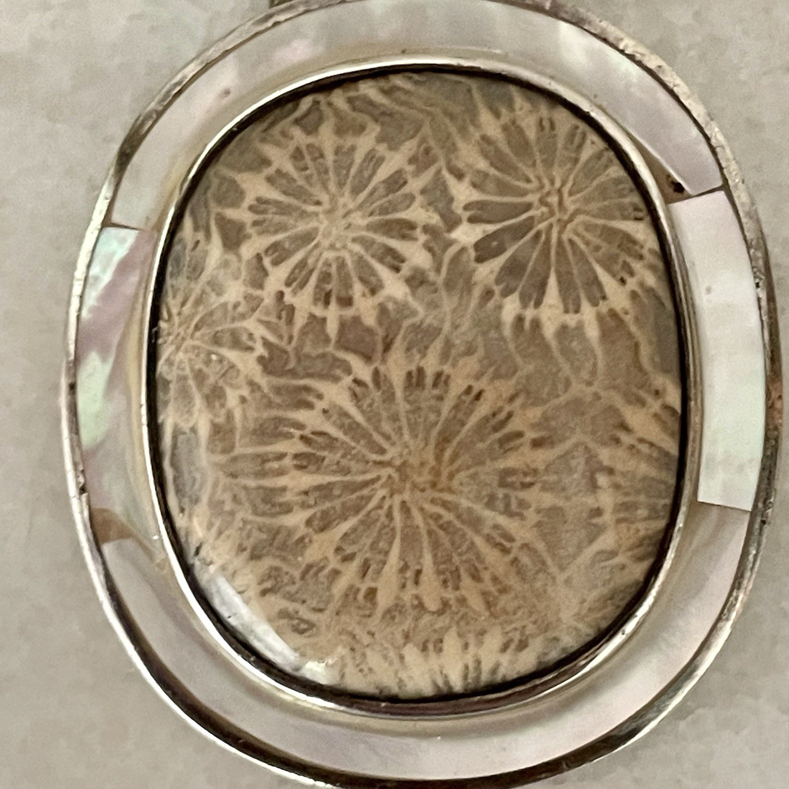Starborn Sterling Silver 925 Fossilized Coral & Inlay Mother Of Pearl Pendant