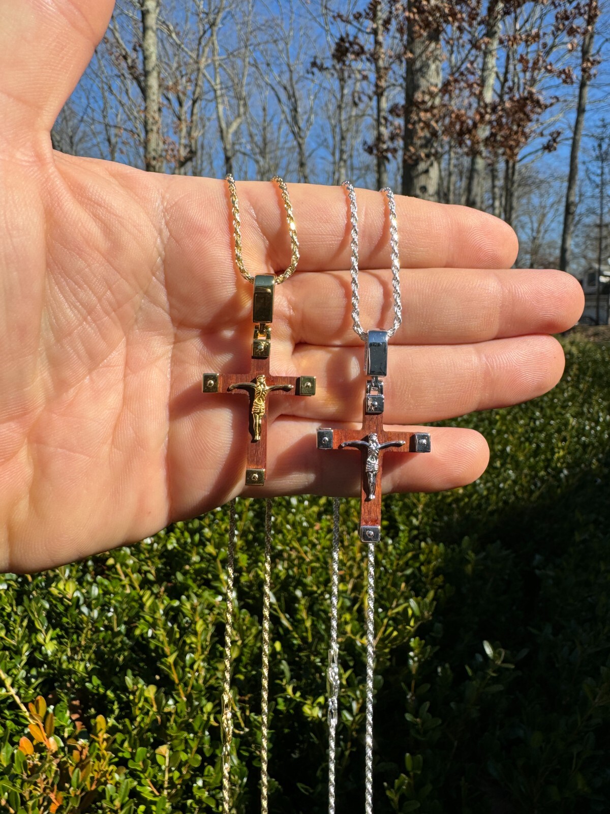 Small Plain Real 925 Silver & Natural Wood Jesus Cross Pendant Necklace 1.25″