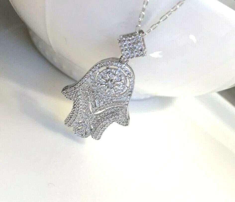 3CT Round Cut Lab Created Diamond Women’s Hamsa Pendant 14k White Gold Plated