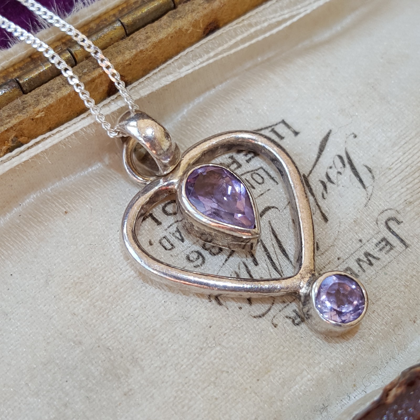 Vintage 925 Sterling Silver Necklace, Rose De France Amethyst Heart Pendant