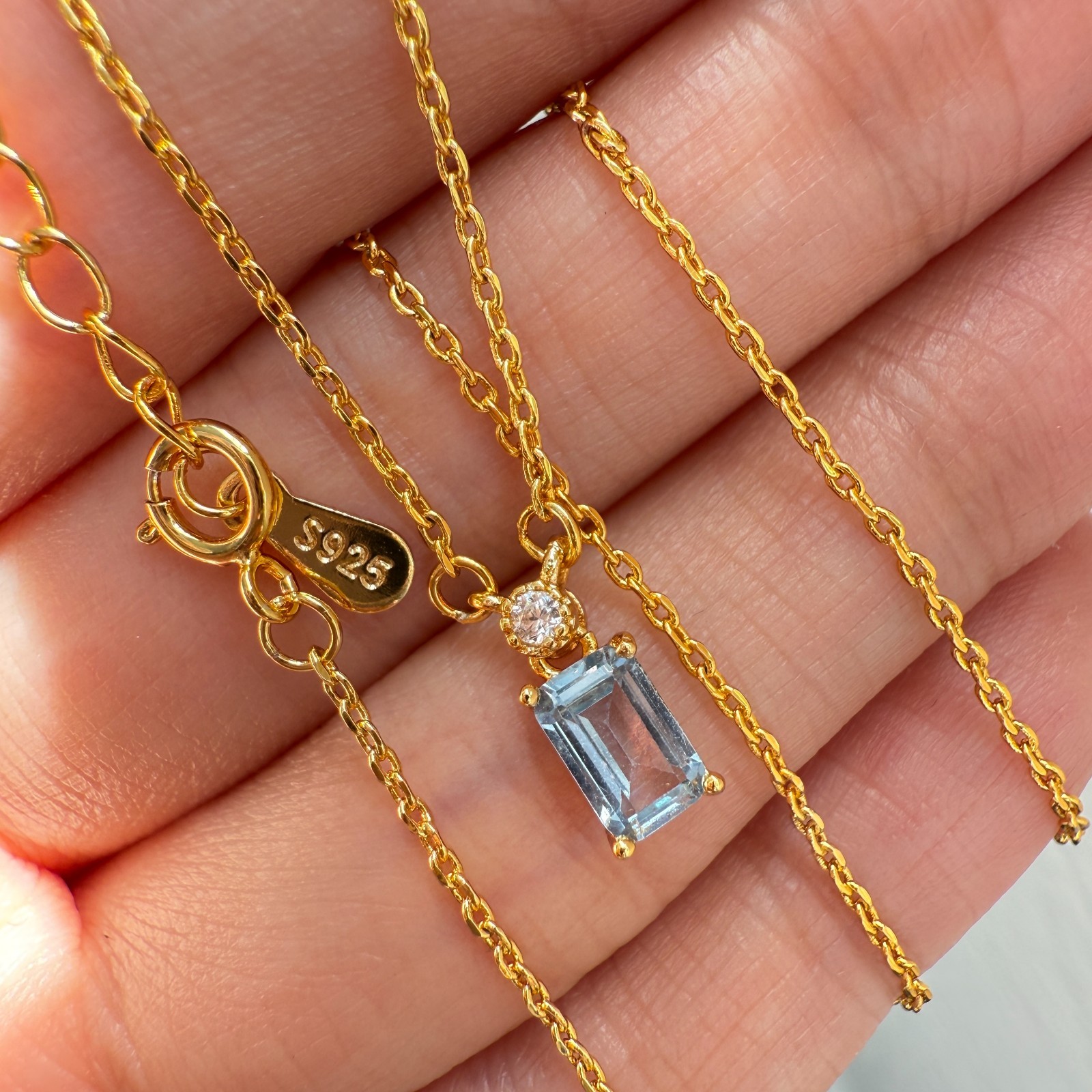 925 Sterling Silver Necklace 6x4mm Natural Blue Aquamarine 14K Gold Plated Chain