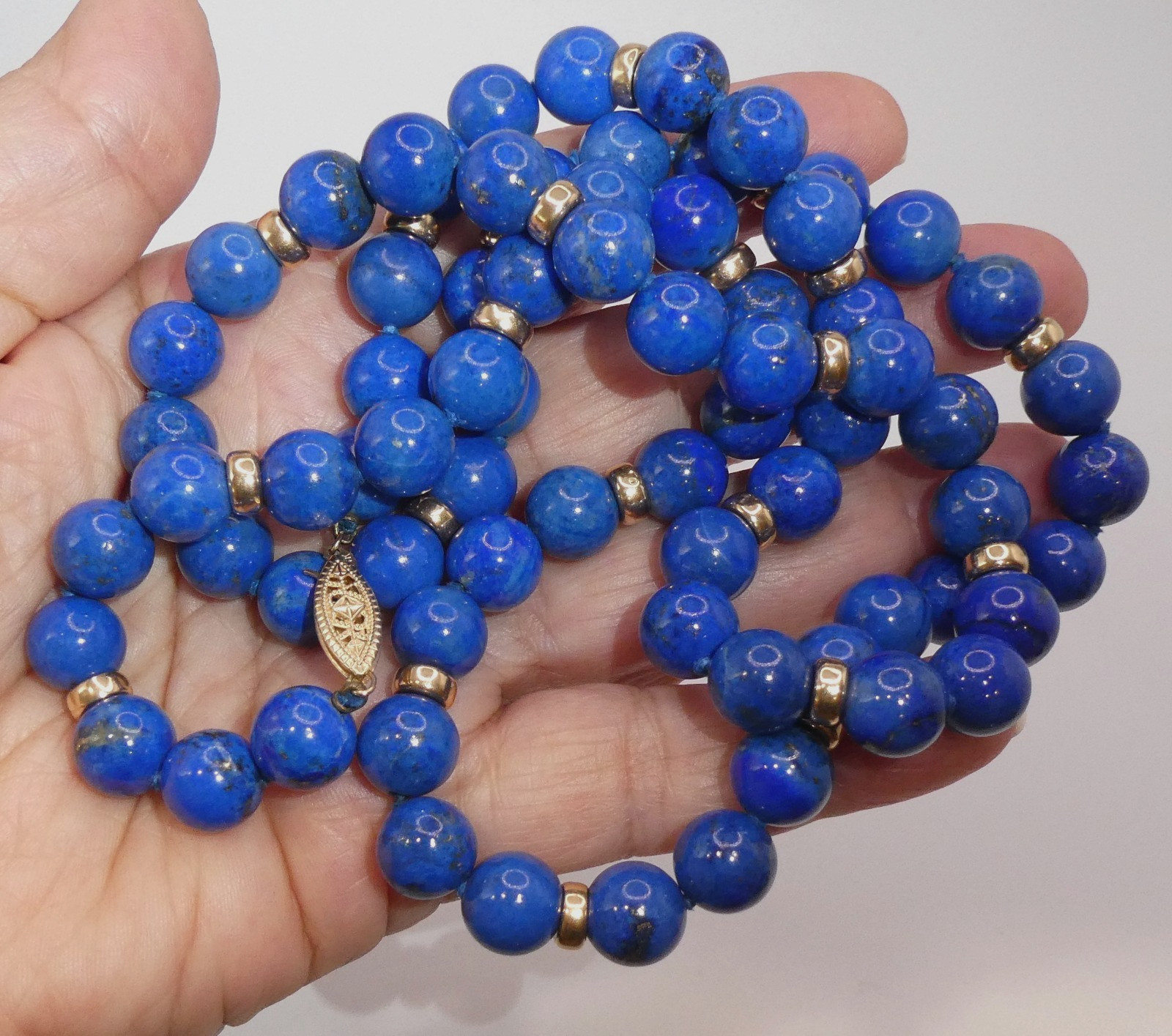 14K Gold 10mm Lapis Lazuli Beaded Necklace 106g – 32”l Opera 14K Rondelle Spacer