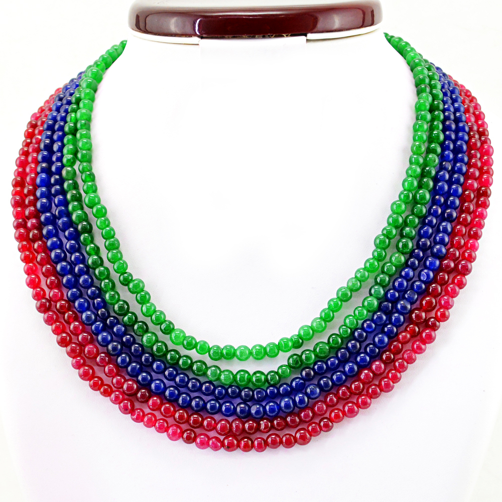 613.50 CTS EARTH MINED 6 LINE RUBY, EMERALD & SAPPHIRE ROUND BEADS NECKLACE