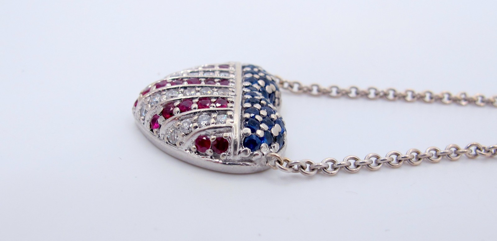 Stunning 14K White Gold Rubies-Diamonds-Sapphires Necklace 17″ Long “TC4033317”