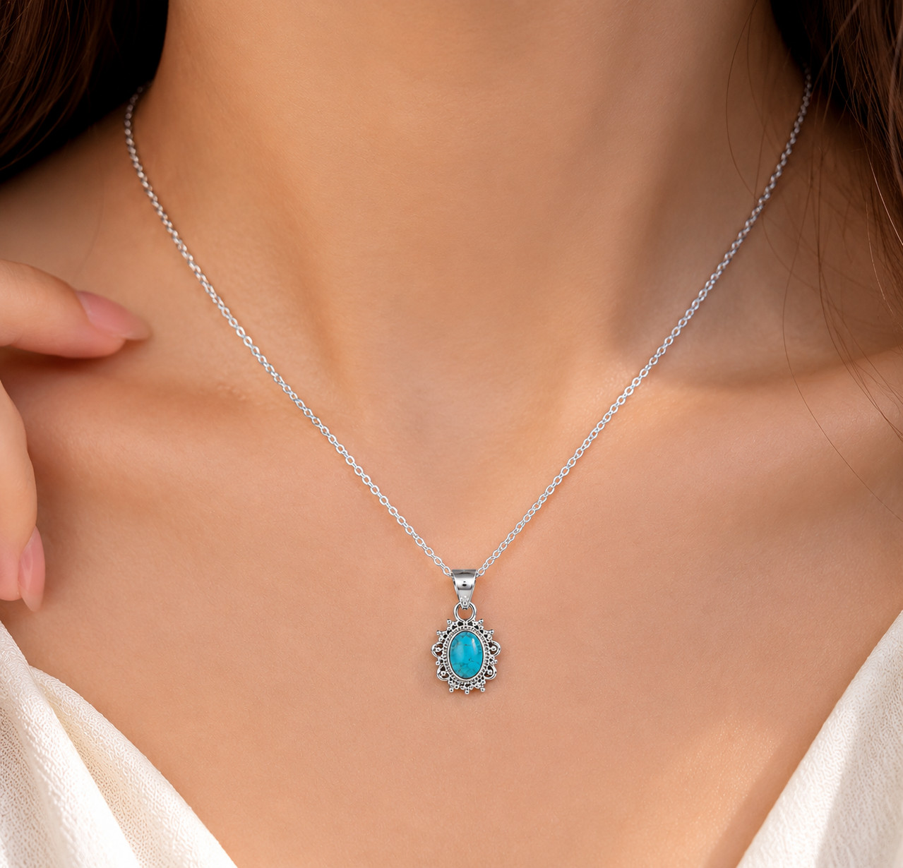 925 Sterling Silver Turquoise Pendant Necklace Oval Boho Vintage Handmade Gift