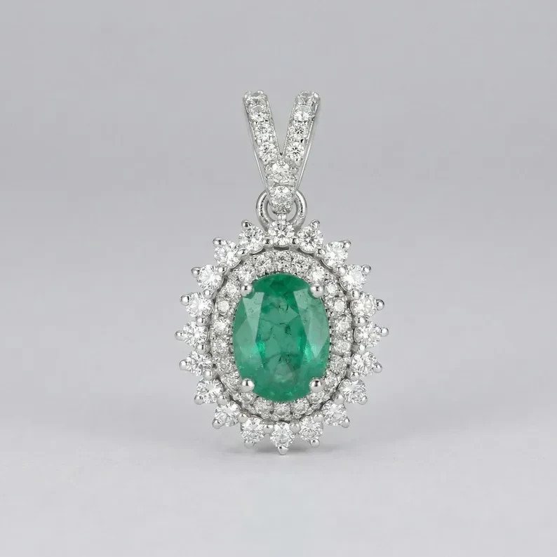 6.50Ct Oval cut Natural Emerald & Diamond 14K White Gold Luxurious Pendant