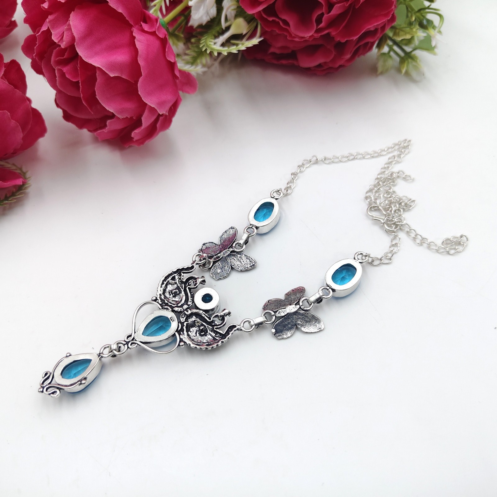 Blue Topaz Gemstone Handmade 925 Sterling Silver Jewelry Necklace Sz-17-18″