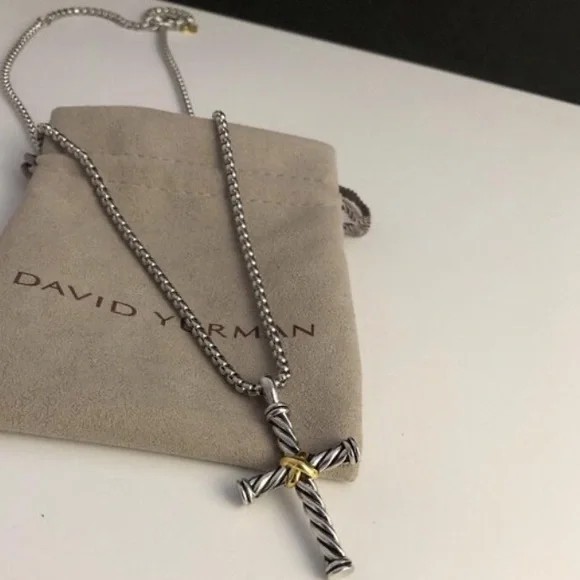 David Yurman Sterling & 18K Gold 925 750 Cross Pendant & 20″ DY 925 Box Necklace