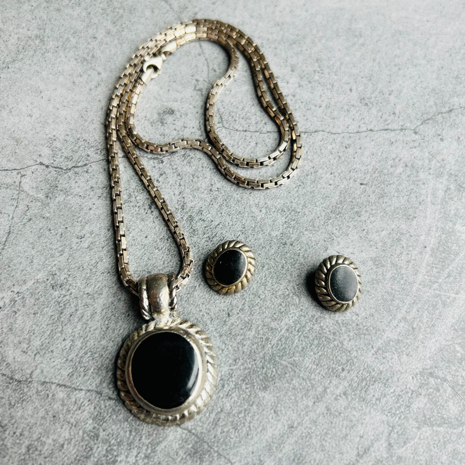Sterling Silver 925 and Black Onyx Cabochan Necklace + Earring Set