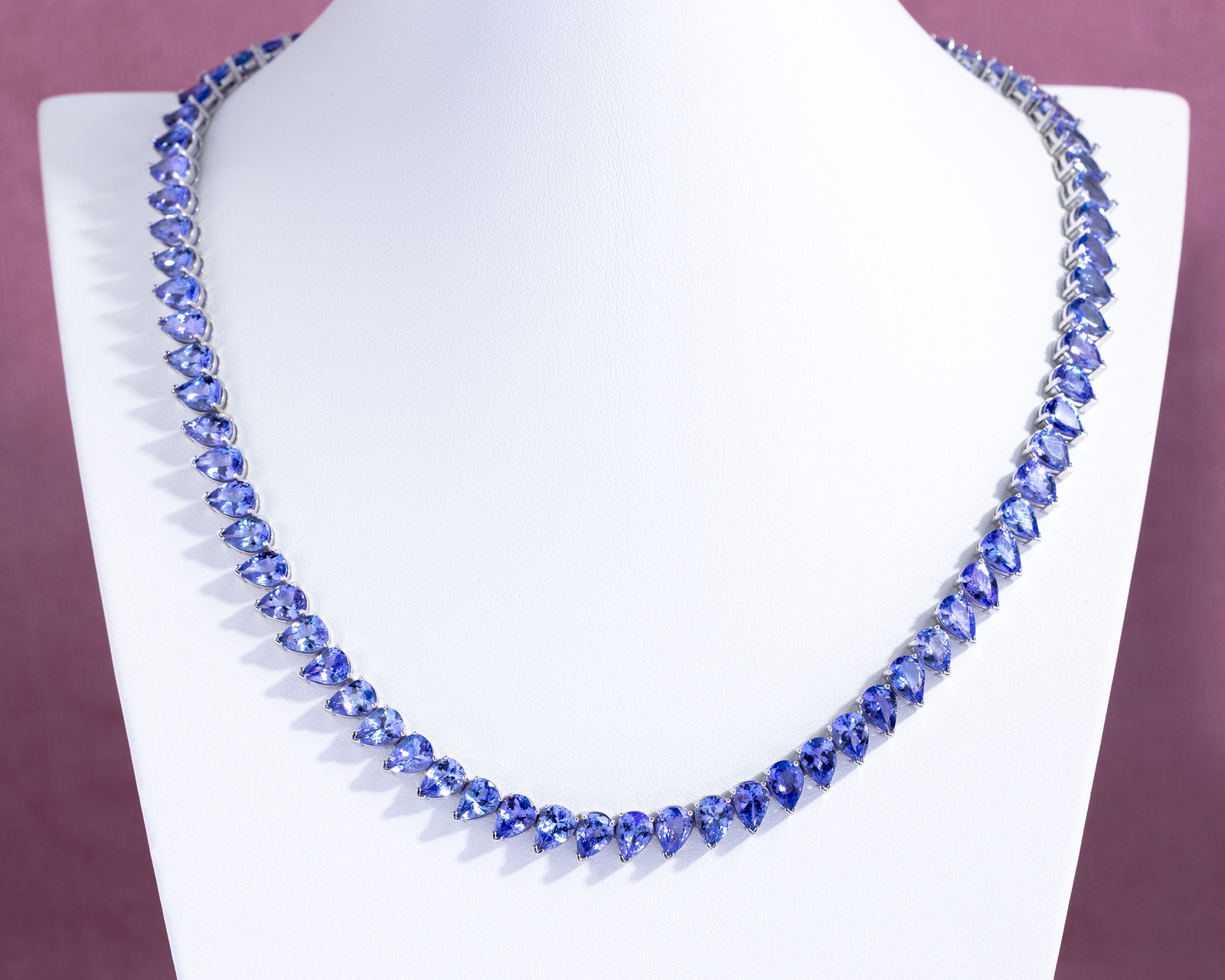 67.55 Ct Violetish Blue Tanzanite Pear Necklace, Mixed Eye Clean, 14k White Gold