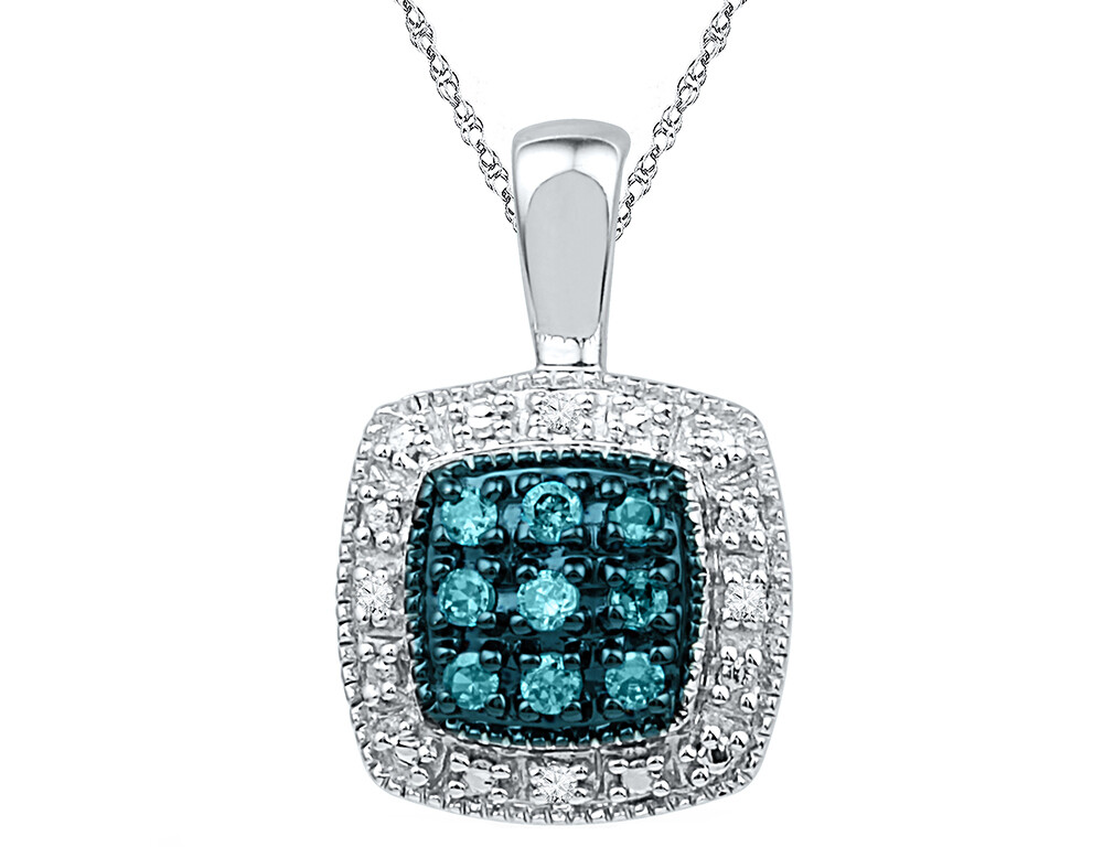 Blue and White Diamond Pendant 1/10 Carat (ctw) in Sterling Silver with Chain