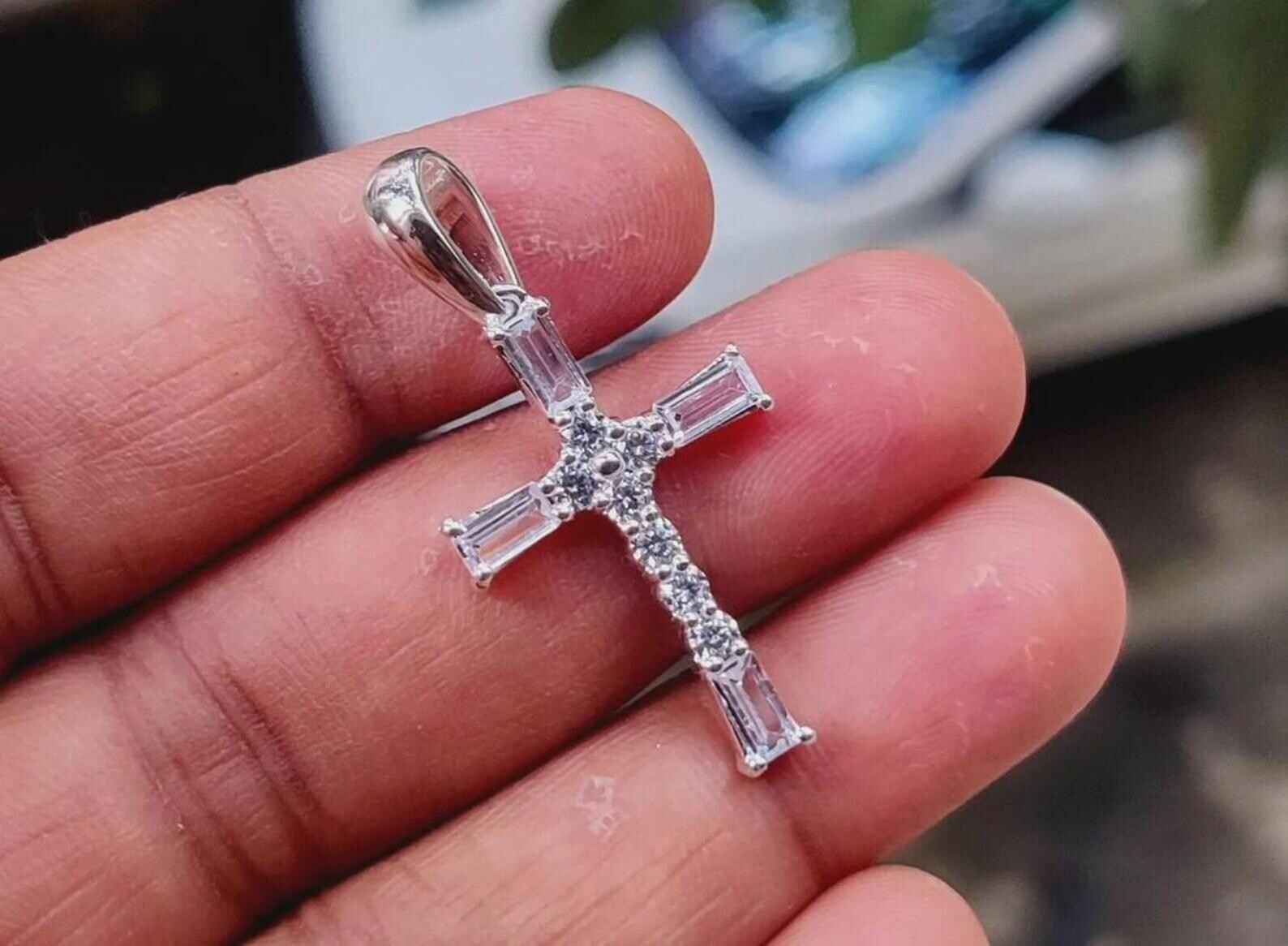1 Ct Lab Created Baguette Moissanite Cross Shape Pendant 14K White Gold Plated