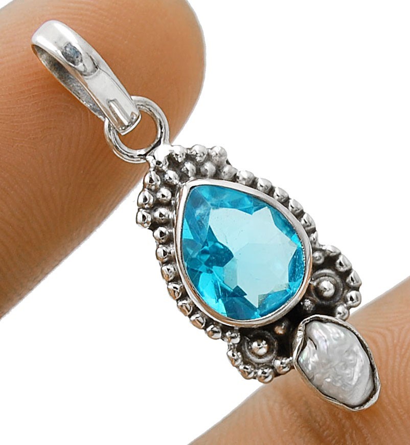 2CT Natural Flawless Blue Topaz 925 Solid Sterling Silver Pendant @B11-7