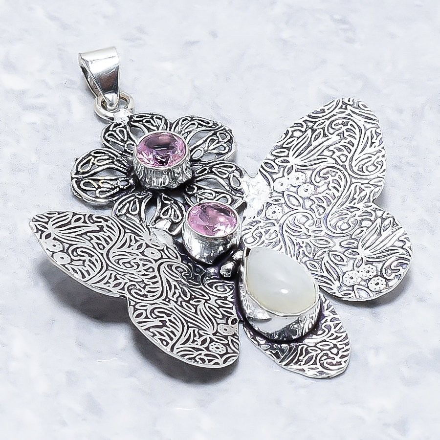 Rainbow Moonstone, Kunzite 925 Sterling Silver Gemstone Pendant 2.56″ NS 23356