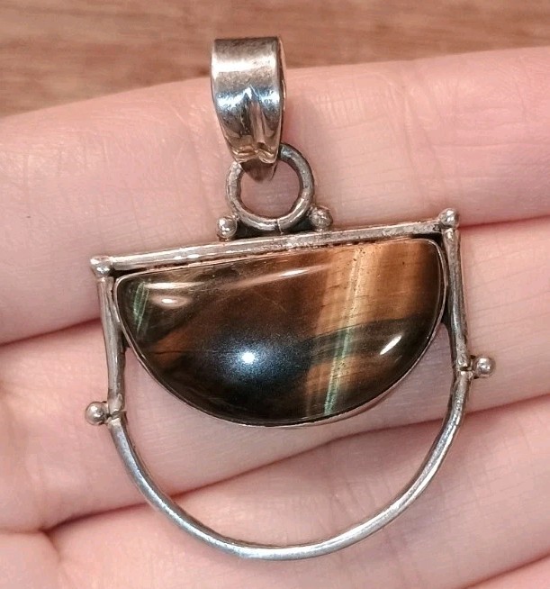 Tiger’s Eye Cabochon Sterling Silver 925 Half Moon Boho Ethnic Modernist Pendant