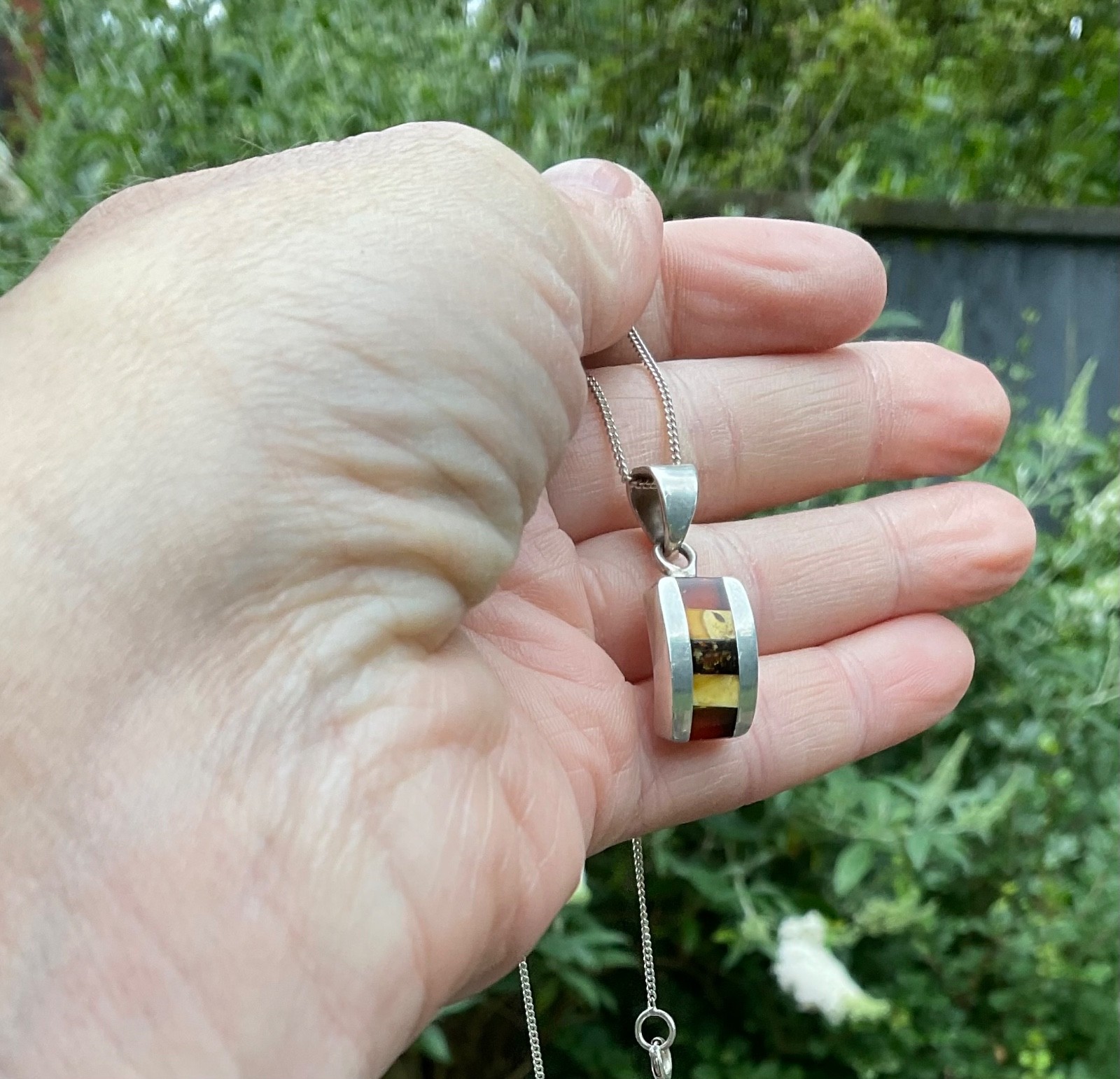 Sterling Silver Modernist Inlaid Baltic Milky Red Amber Pendant And Chain
