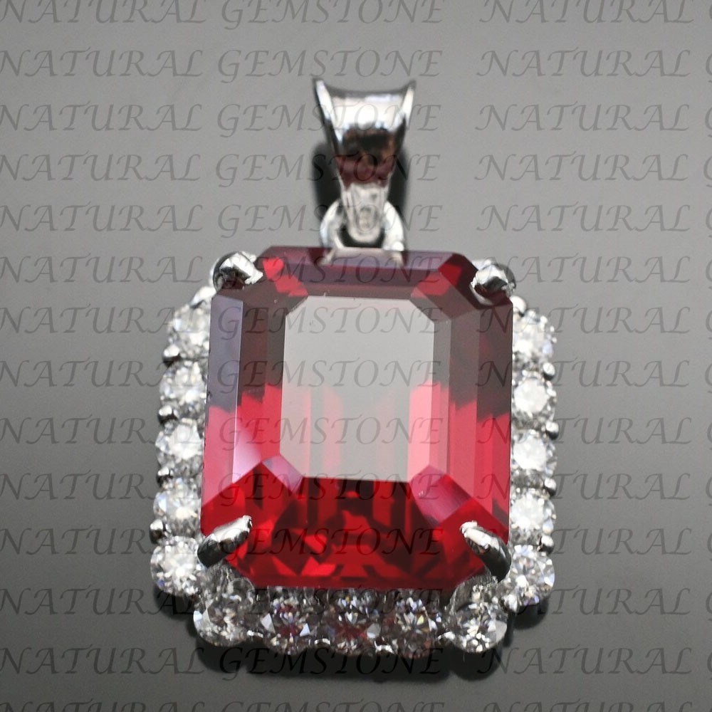 7.00Crt Emerald Shape Natural Garnet and Diamond Pendant 18K White Gold Plated