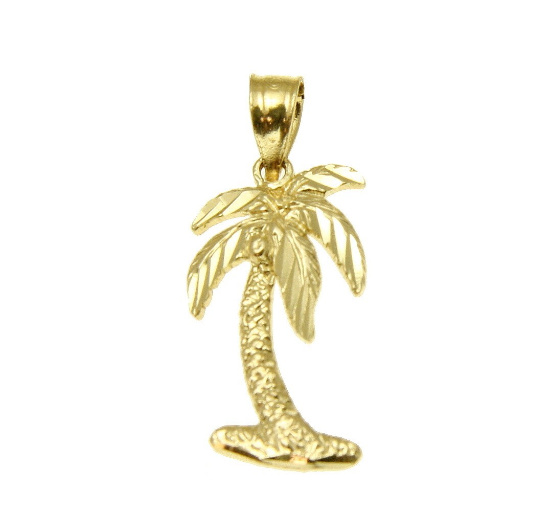 SOLID 14K YELLOW GOLD MEDIUM HAWAIIAN PALM TREE PENDANT DIAMOND CUT
