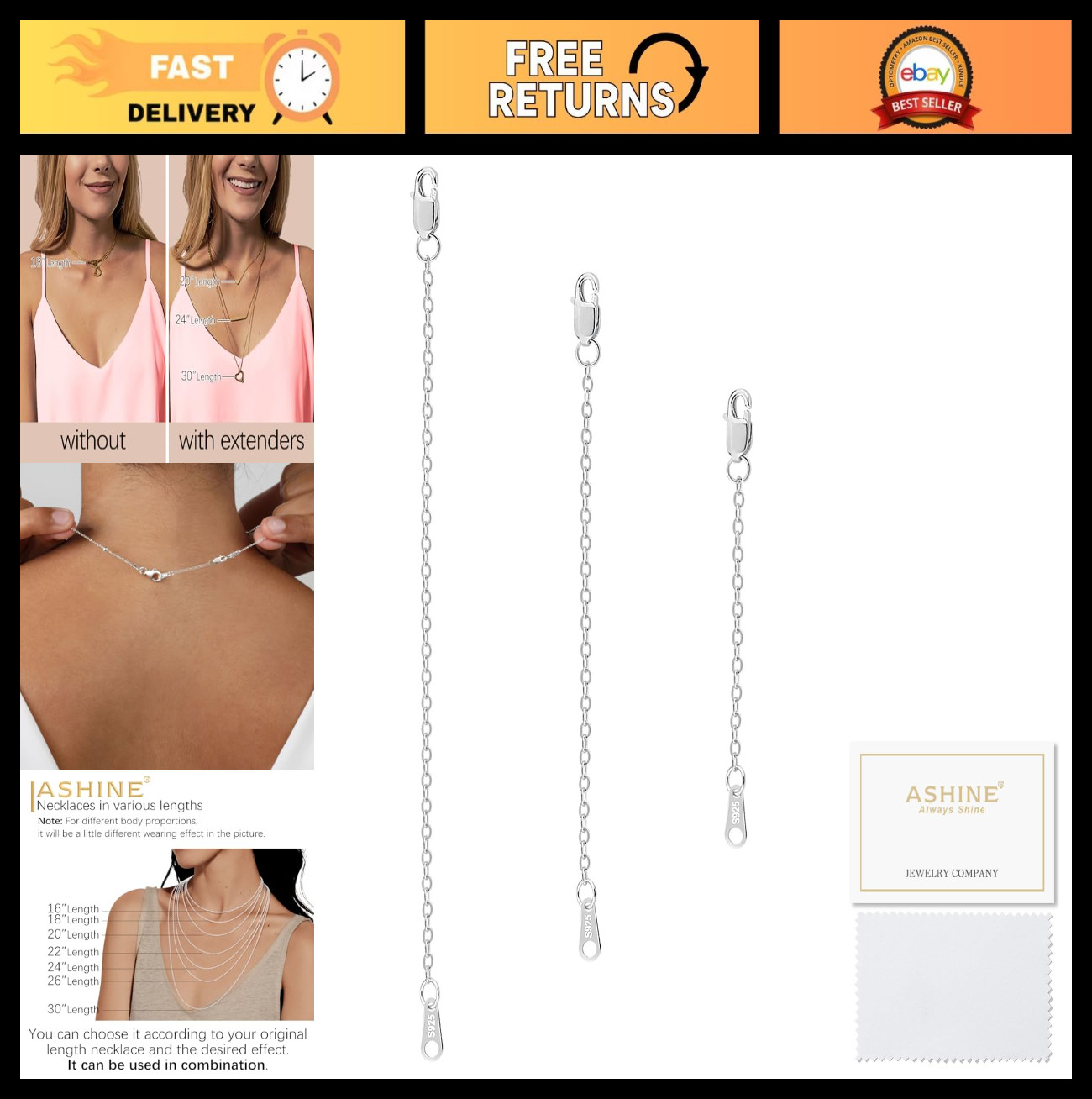 925 Sterling Silver & 14K Gold Necklace Extender Set – 1, 2, 3 & 2, 4, 6 Inch Lo