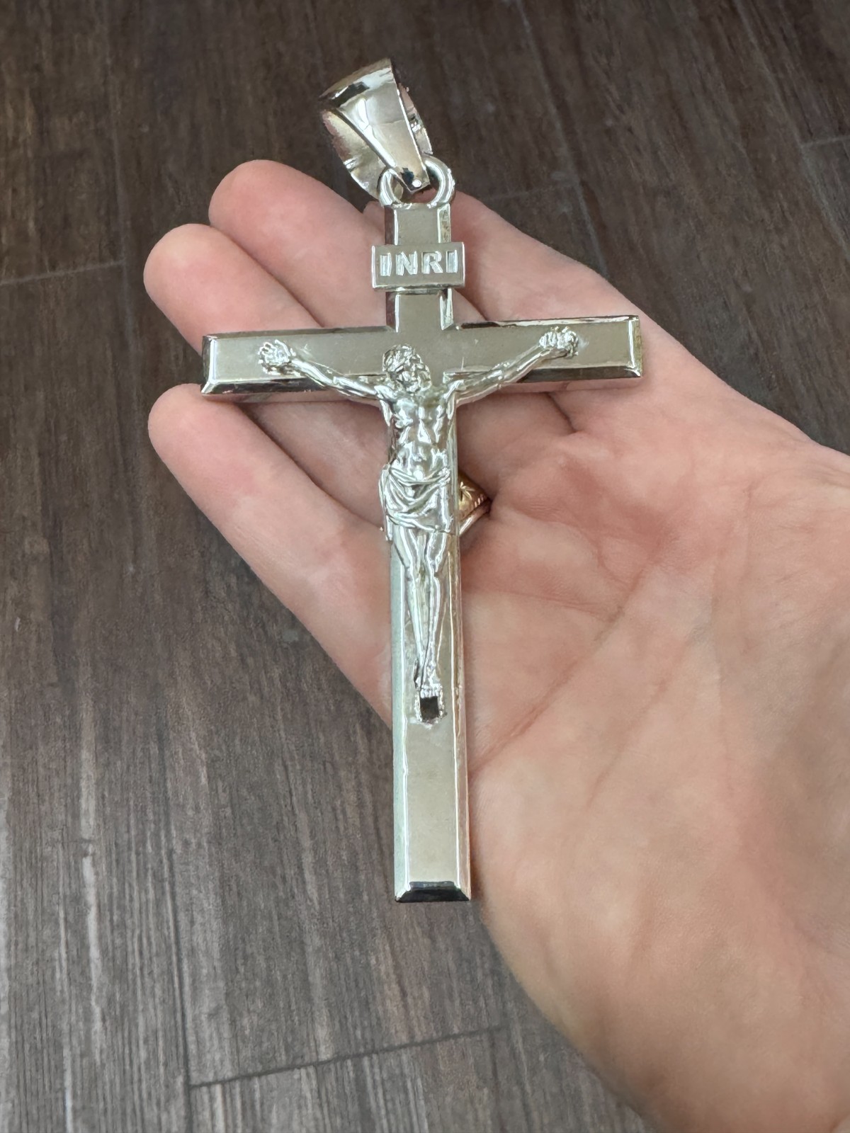 Large beveled 5″ heavy Cross Crucifix Jesus Christ Charm Pendant Silver .925