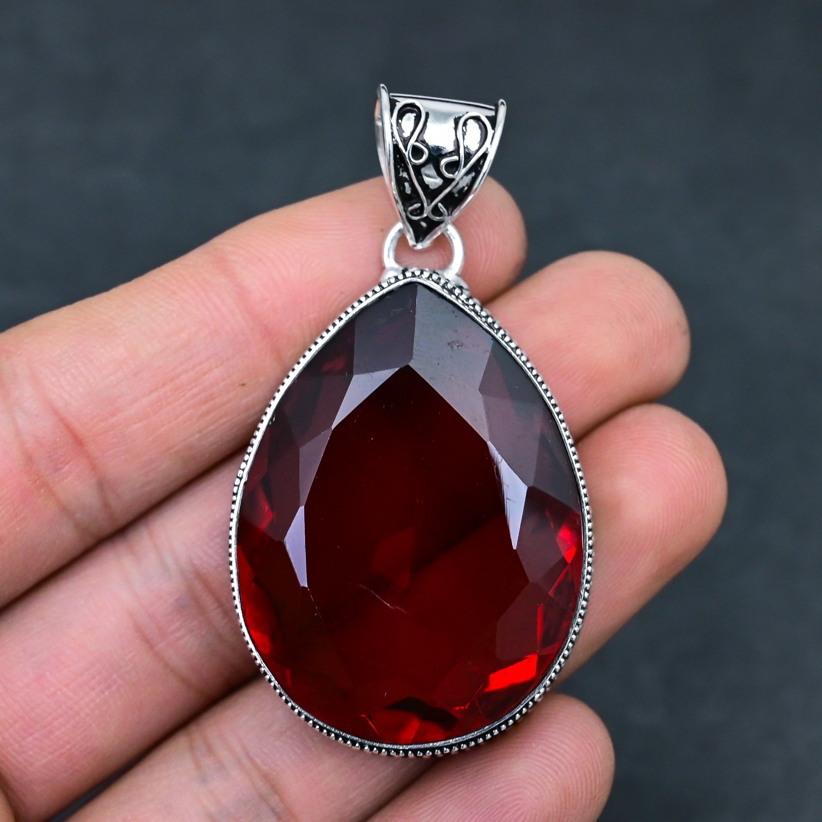 Red Garnet Gemstone 925 Sterling Silver Pendant Handmade Jewelry Gift For Her