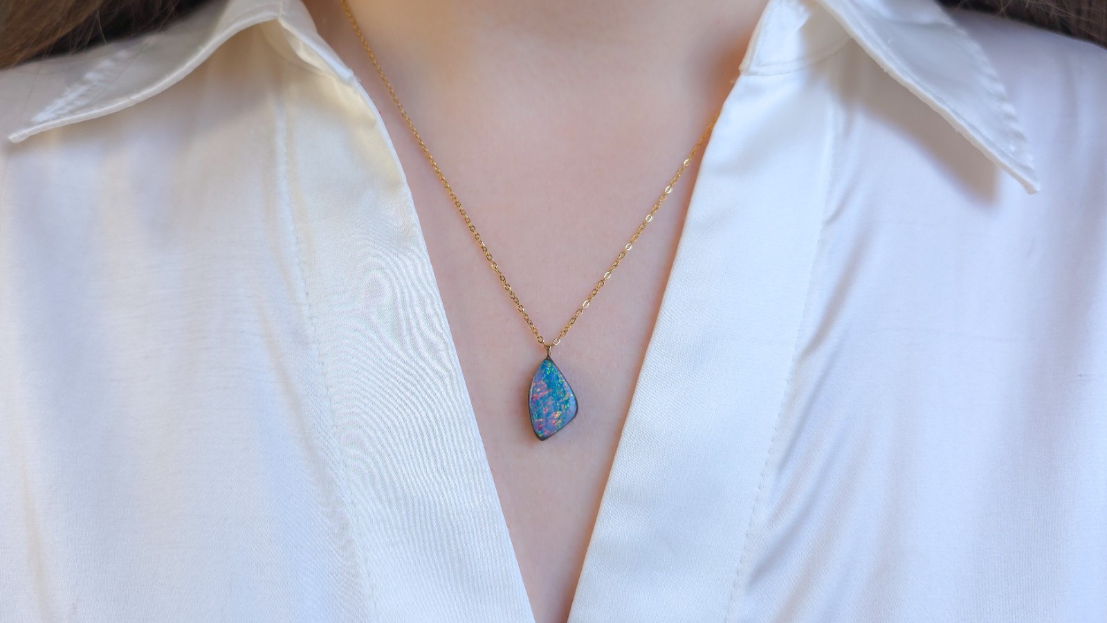 14K Gold Australian Opal Pendant, Coober Pedy Opal Doublet Necklace