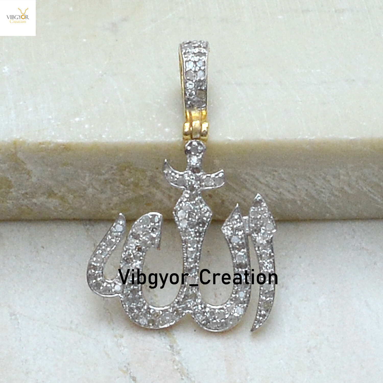 Pave Diamond Allah Charm Pendant Gold Plated 925 Sterling Silver Religious Gift