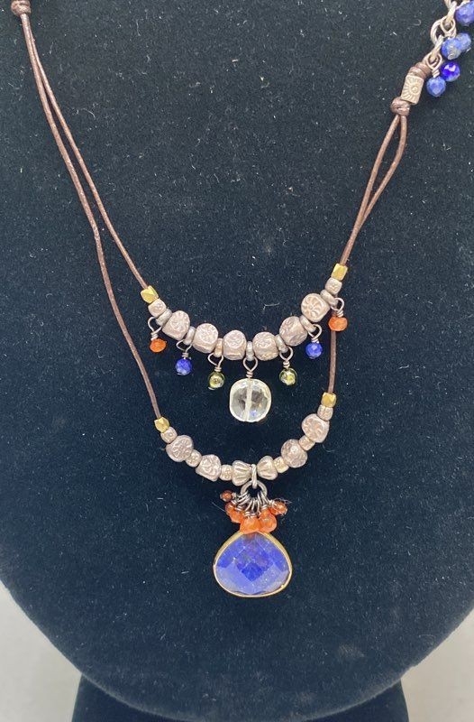 NAJ Sterling Silver 925 Lapis Lazuli Carnelian Quartz Leather Necklace 28″