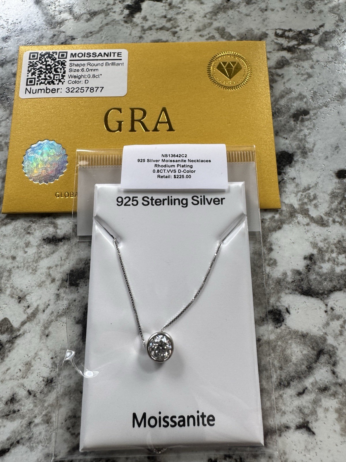 GRA 925 Sterling Silver Moissanite Bezel Pendant Necklace 0.80 CTW D VVS