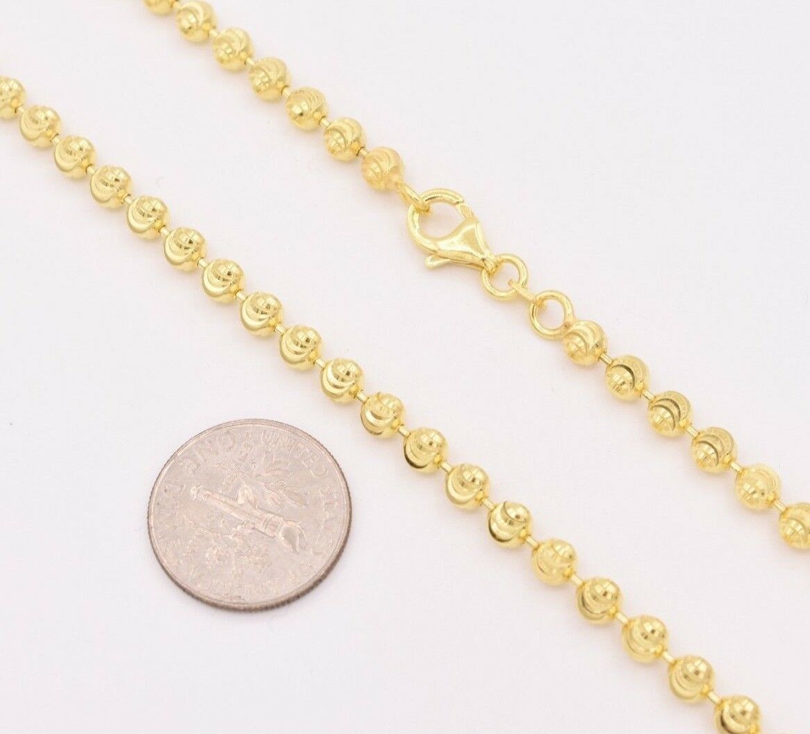 4mm Diamond Cut Moon Cut Ball Bead Chain Necklace 14K Yellow Gold-Plated Silver