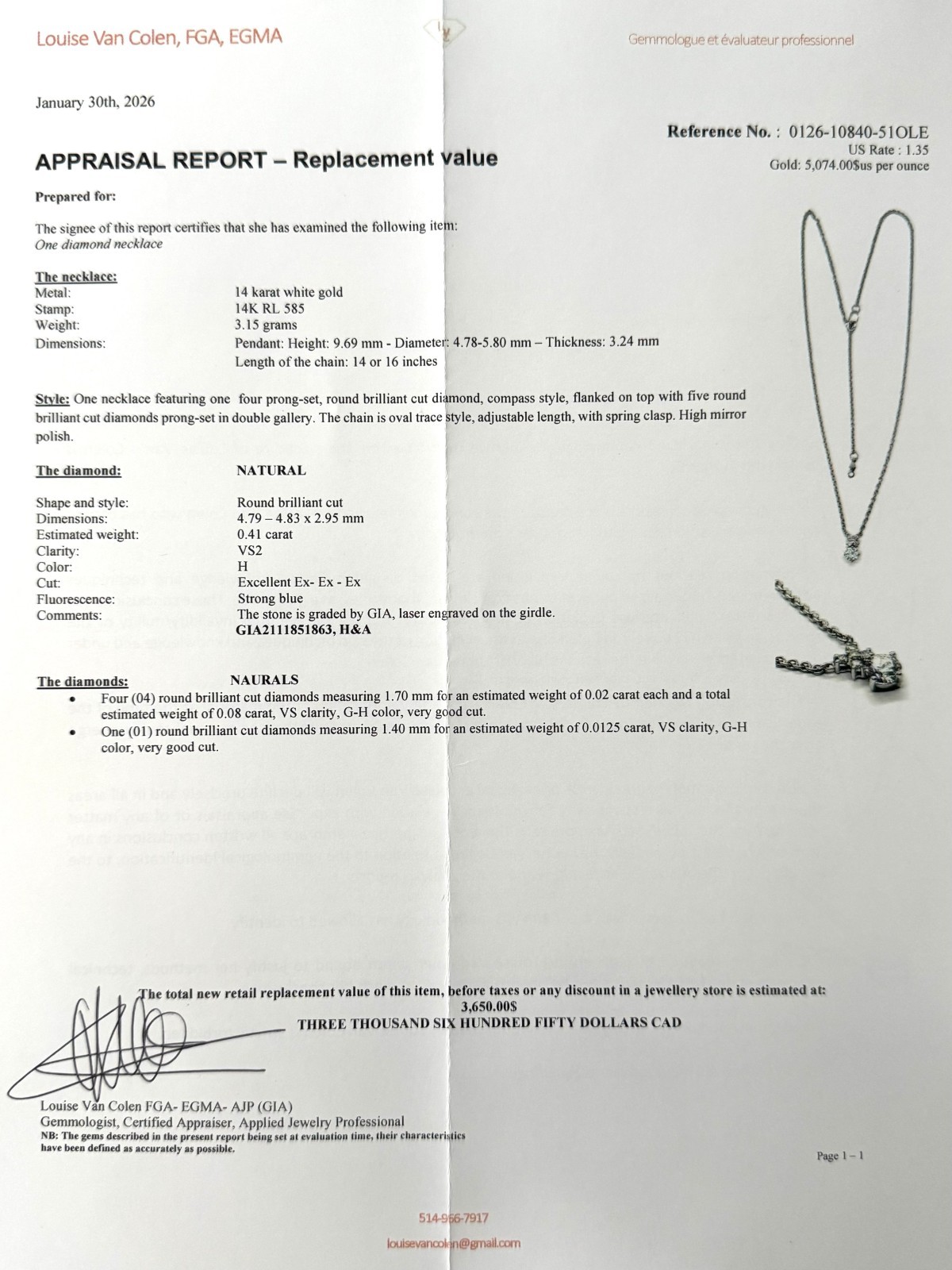 DIAMOND PENDANT 14K WG, 0.50 CARAT VS QUALITY, GIA CERT, RET USD $2,700+TAX