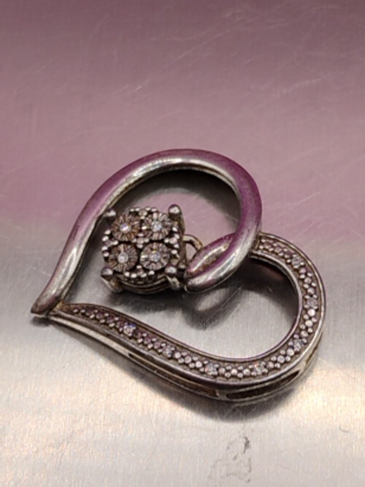 925 Sterling Silver Pave 1/10ctw Diamond Heart Pendant Pre-owned 2.1g