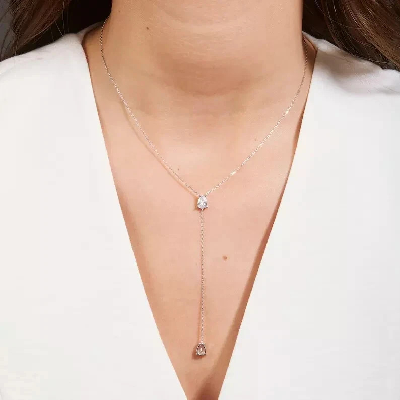 2Ct Pear Cut Lab Created Diamond Women’s Lariat Necklace 14K White Gold Plated