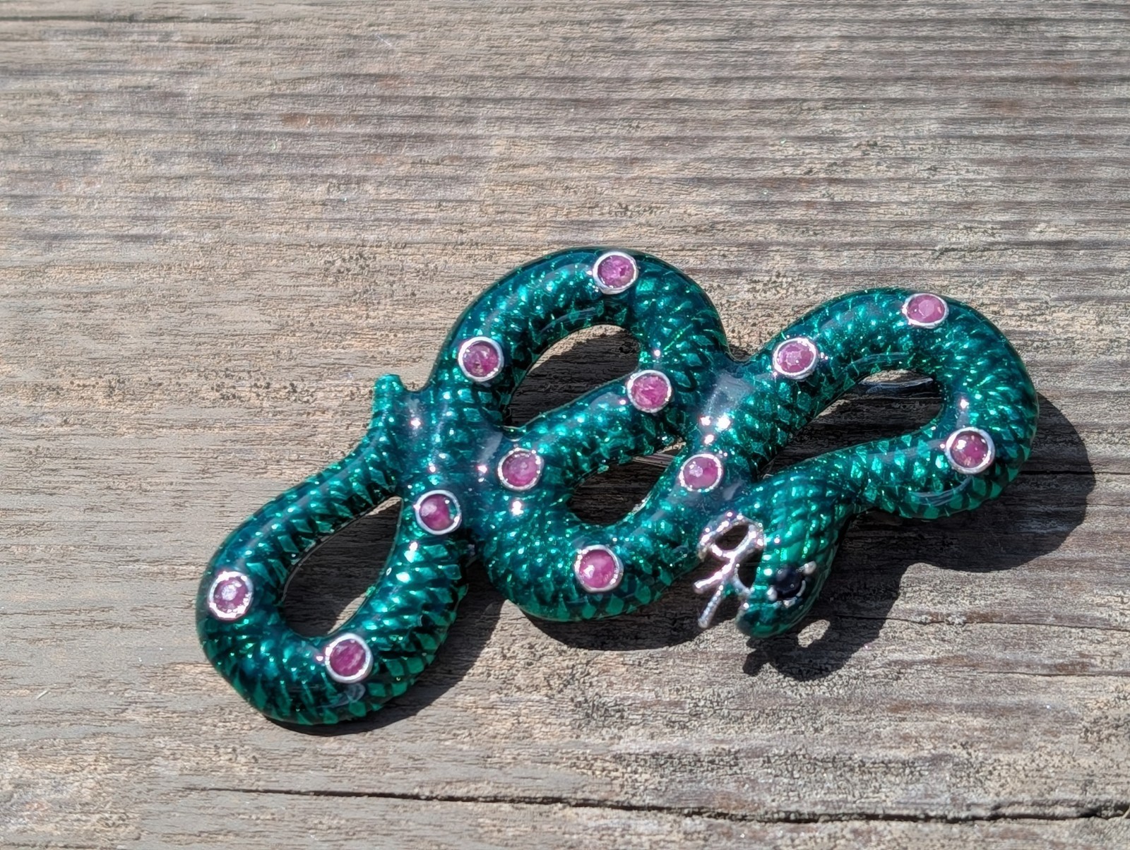 Large sterling silver snake pin/pendant with green enamel and rubies