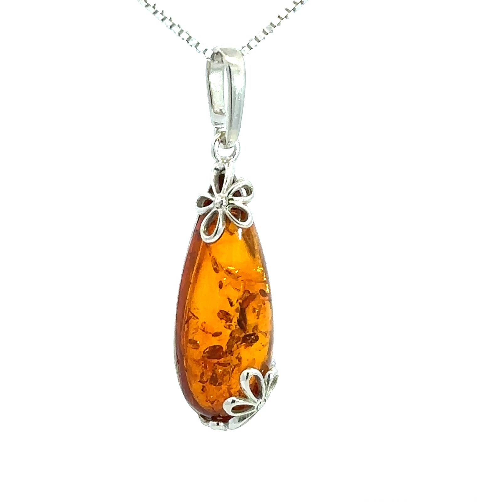 Sterling Silver Baltic Amber Pendant With Flowers (3/8 x 1 1/2 Inch)