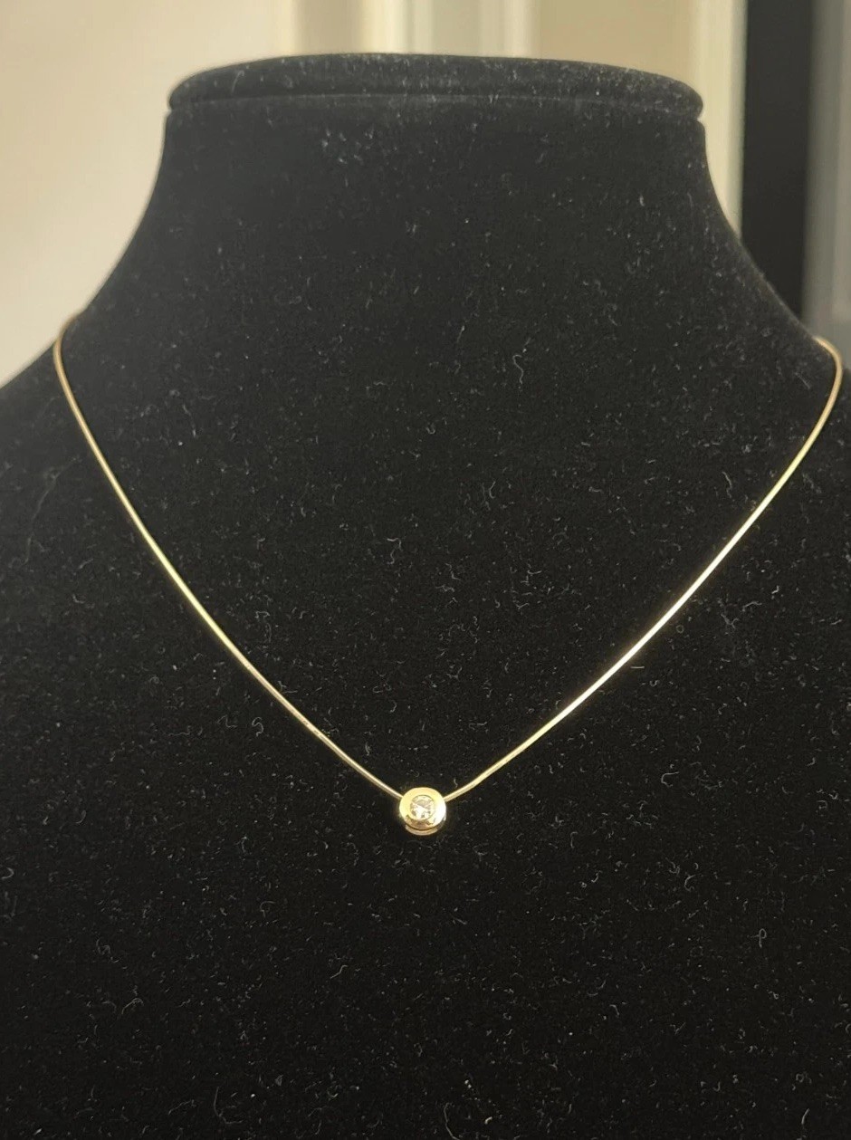 14K Gold Diamond Solitaire Necklace, MILOR Italy, Snake Chain, Genuine Diamond