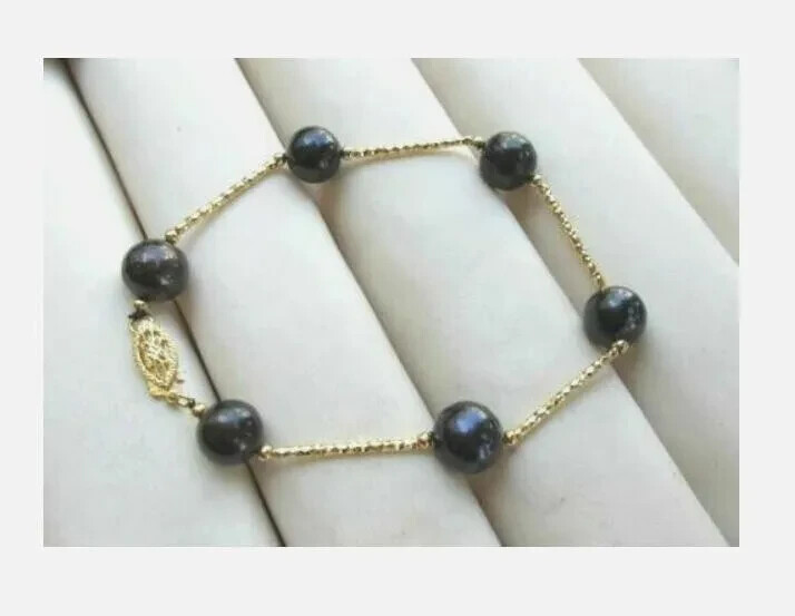 AAA 9-10mm Stunning Tahitian Round Black Pearl Bracelet 14k Gold Clasp 7.5-8”