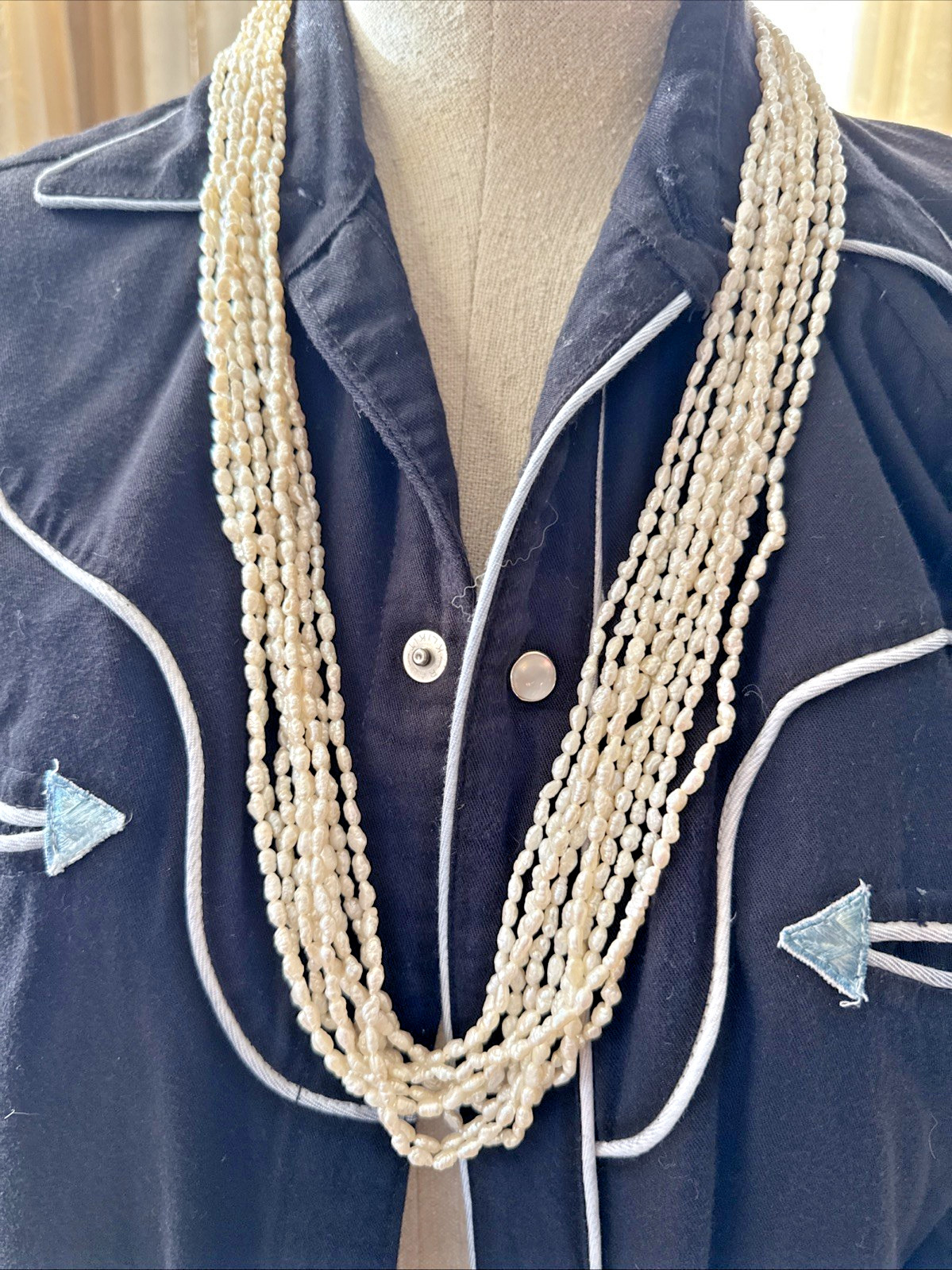 Vintage 10 Strand Genuine Rice Pearl 31″ Necklace Choker 14KT Clasp marked CH
