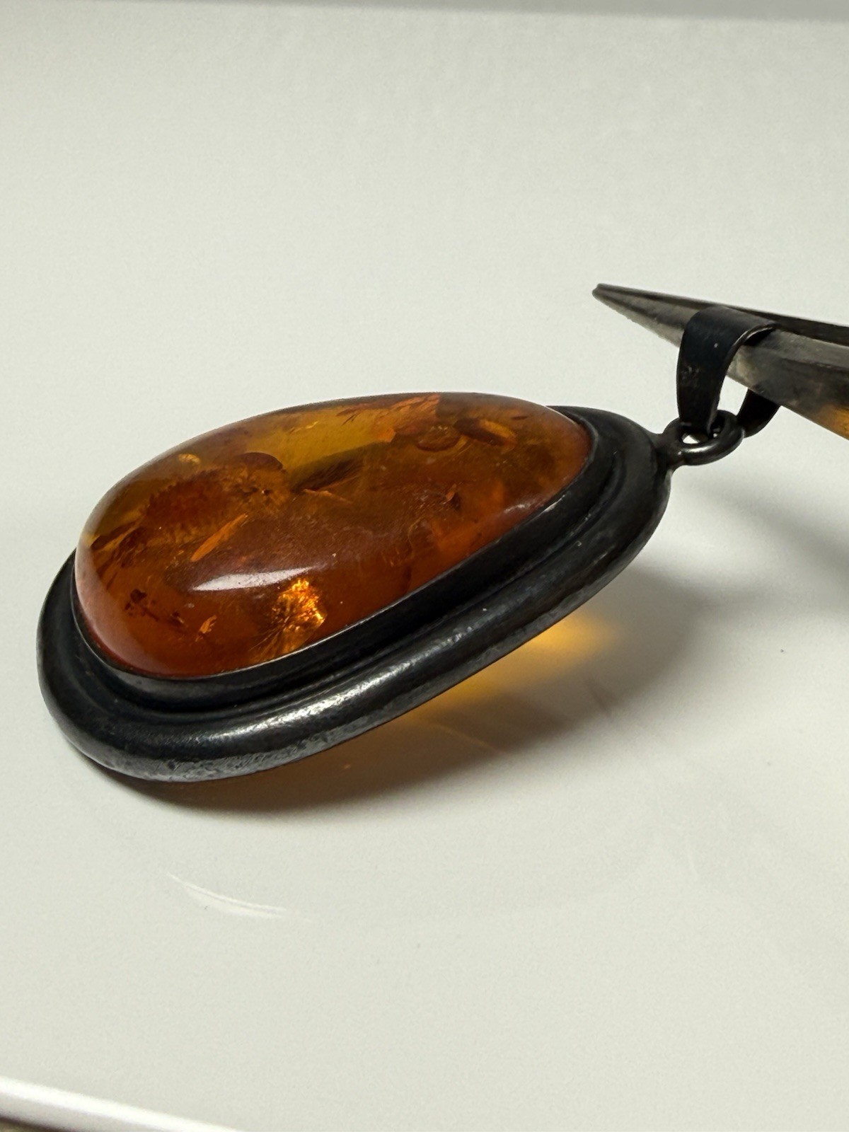 Orange Amber Cabochon Sterling Silver Asymmetrical 2”Pendant 925