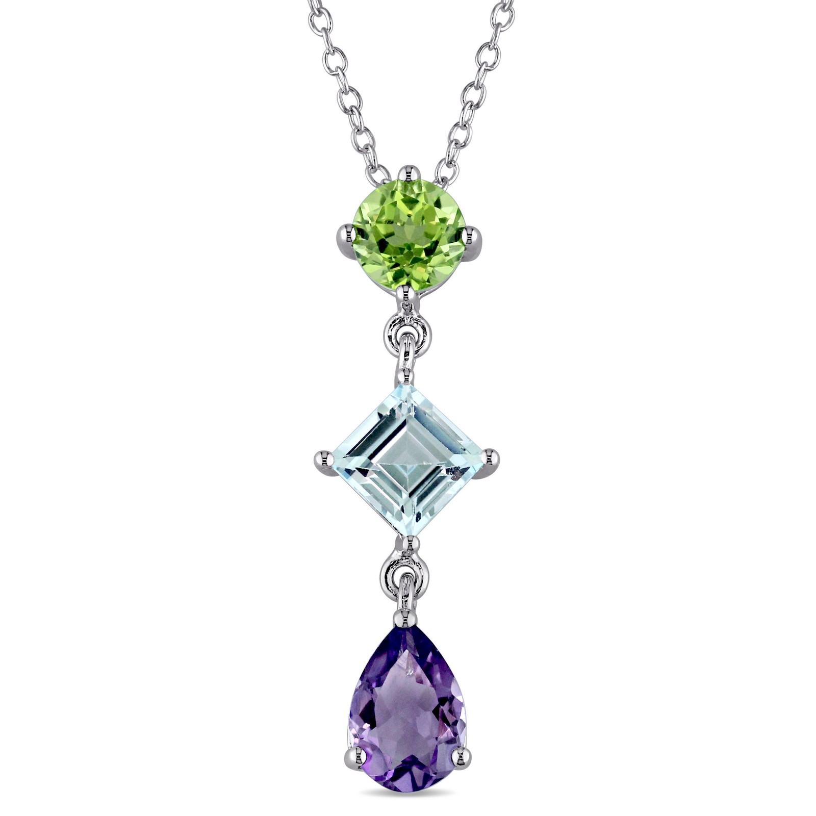 Amour Silver 3 1/8CT TGW Amethyst, Peridot & Blue Topaz Drop Pendant, 18″