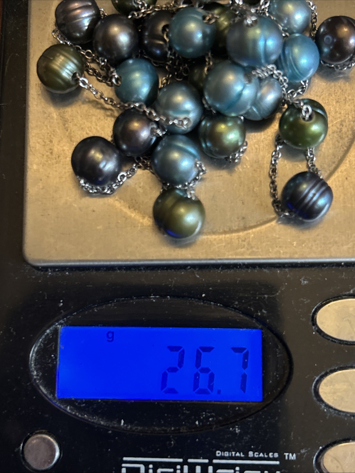 32. HONORA Sterling 925 Peacock Green Blue Pearl Station Necklace 36″, 26.7g