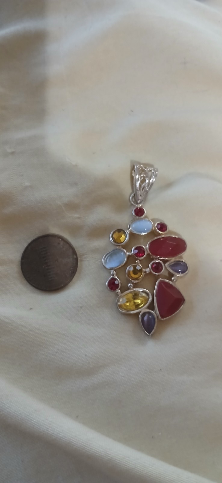 Sterling Silver 925 Multicolor Gemstone Statement Pendant Bezel Asymmetrical