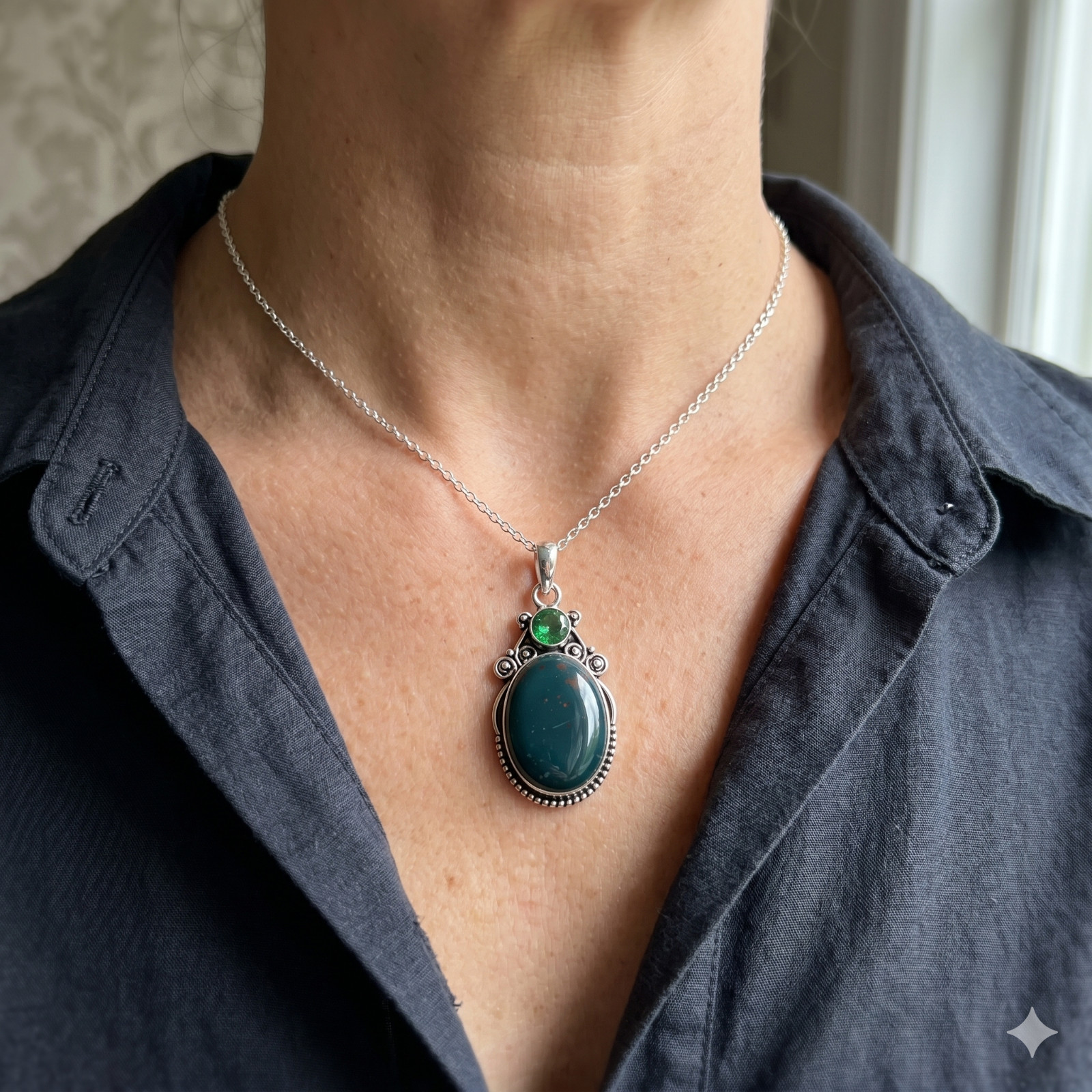 Bloodstone Gemstone Pendant 925 Sterling Silver Handmade Indian Jewelry