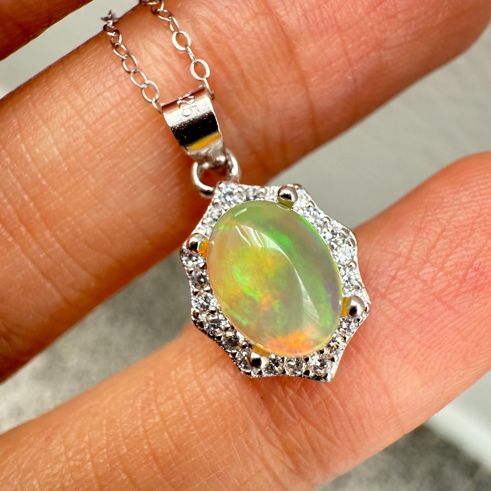 925 Sterling Silver Necklace 8x6mm Natural Opal Gemstone Zircon Flower Chain NEW