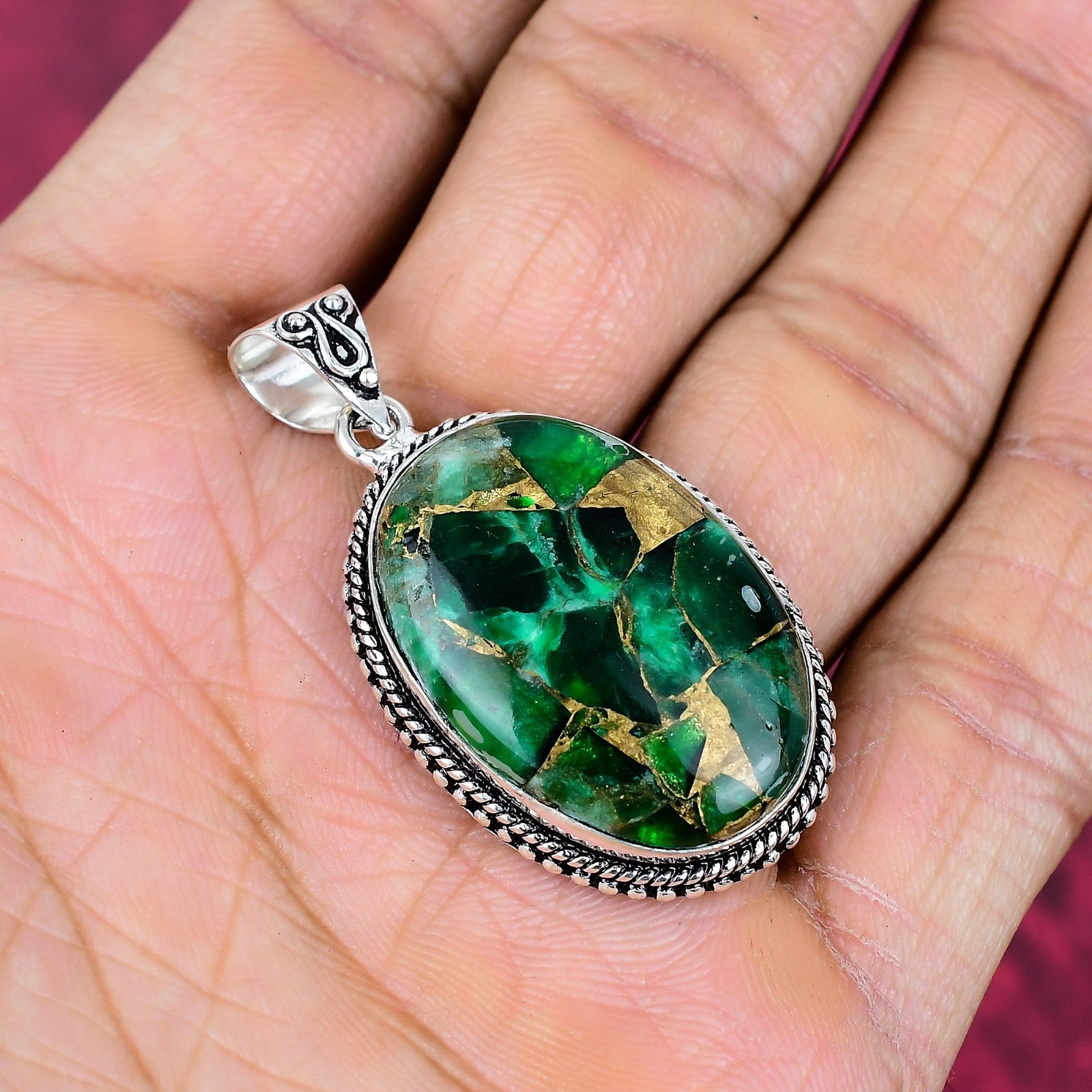 Green Copper Turquoise Gemstone Handmade 925 Sterling Silver Pendant Jewelry