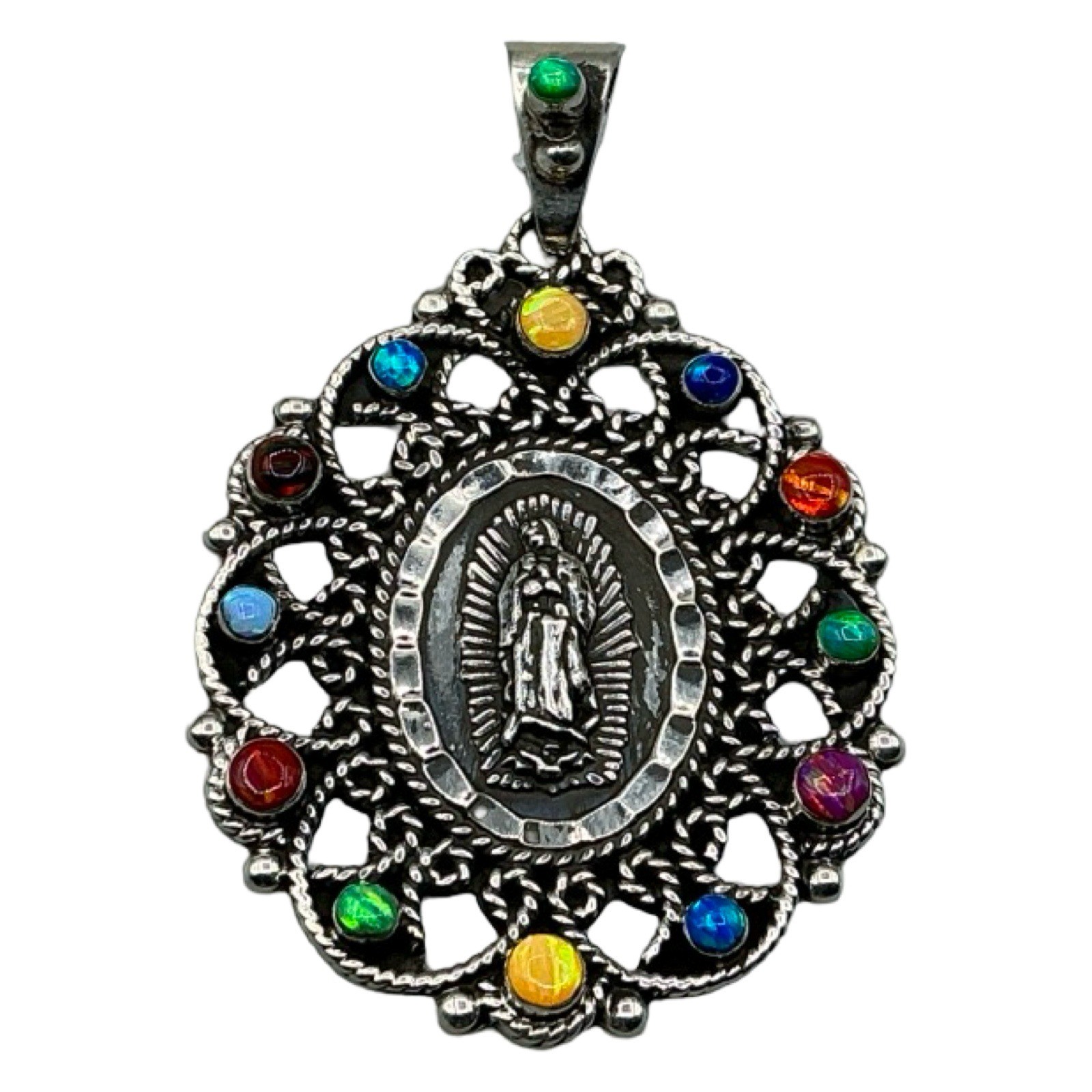 Mexico 925 Sterling Silver Virgin of Guadalupe Multi Color Opal Filigree Pendant